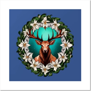 Elk Surrounded By A Wreath Of Sego Lily Tattoo Style Art Posters and Art